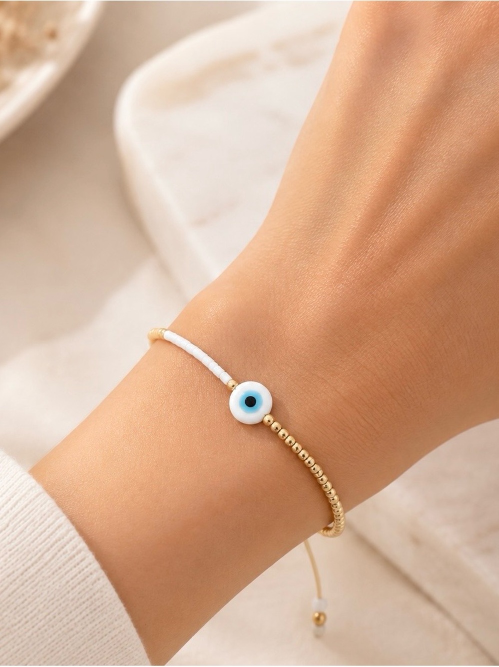 Gold Tone White Beaded Evil Eye Adjustable Bracelet Boho Minimalist